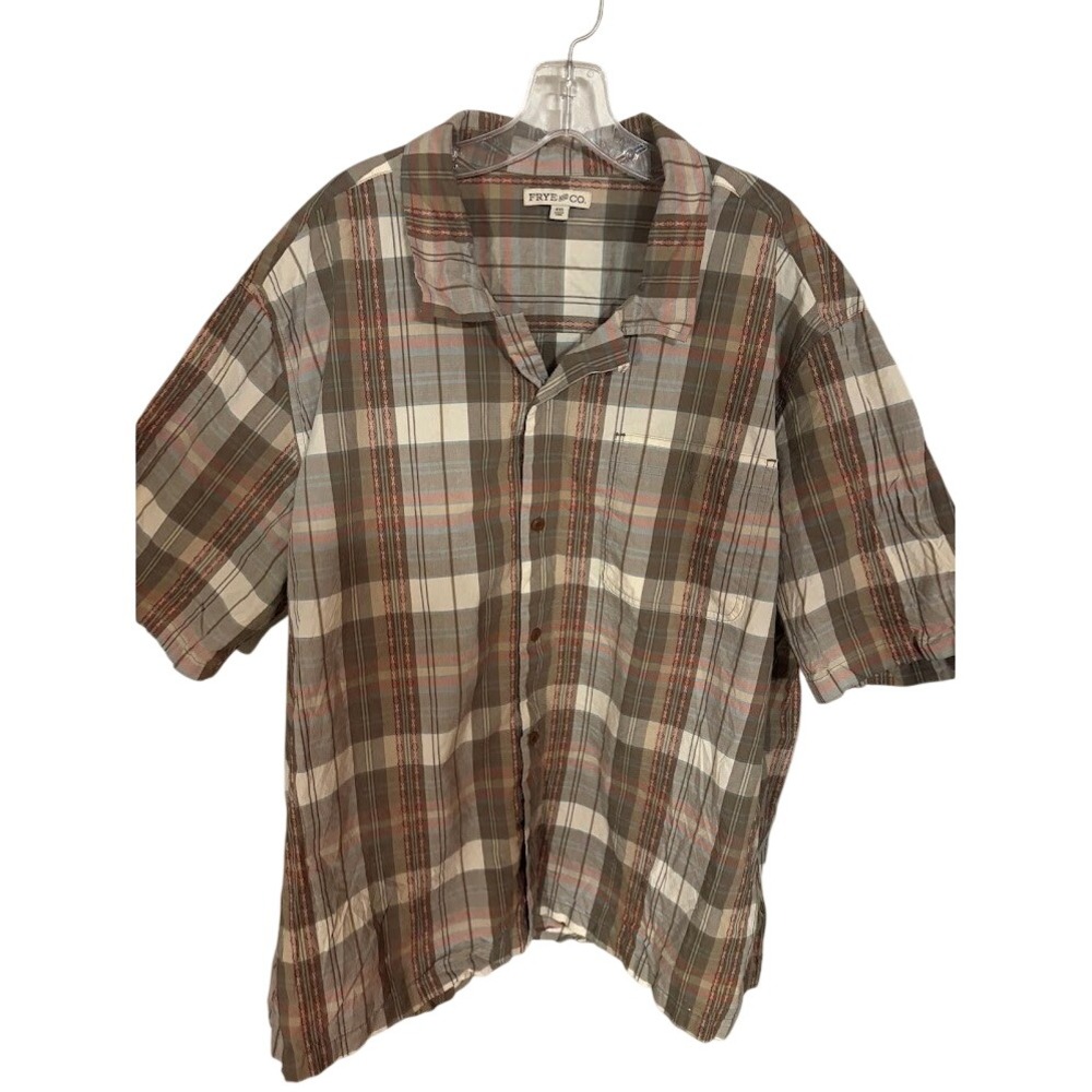 Frye and Co Mens 4XL Plaid Short Sleeve Button Down Shirt Brown Tan Casual I0326